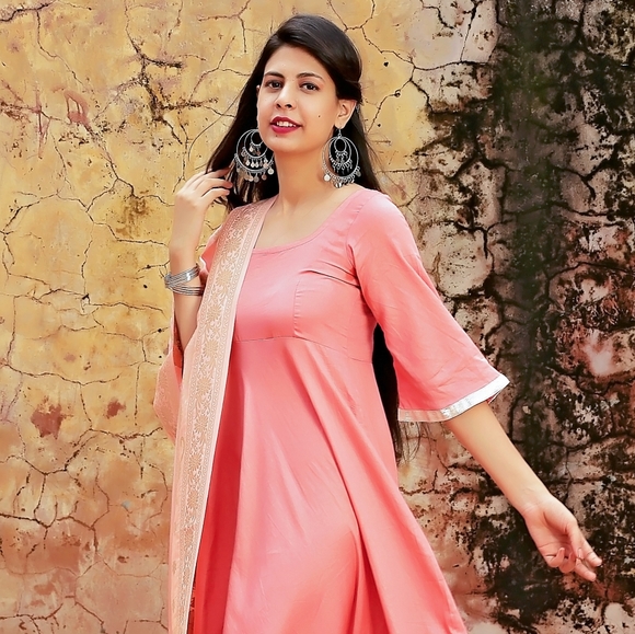 Anarkali Long Kurta with Banarasi Dupatta - Picture 3 of 4